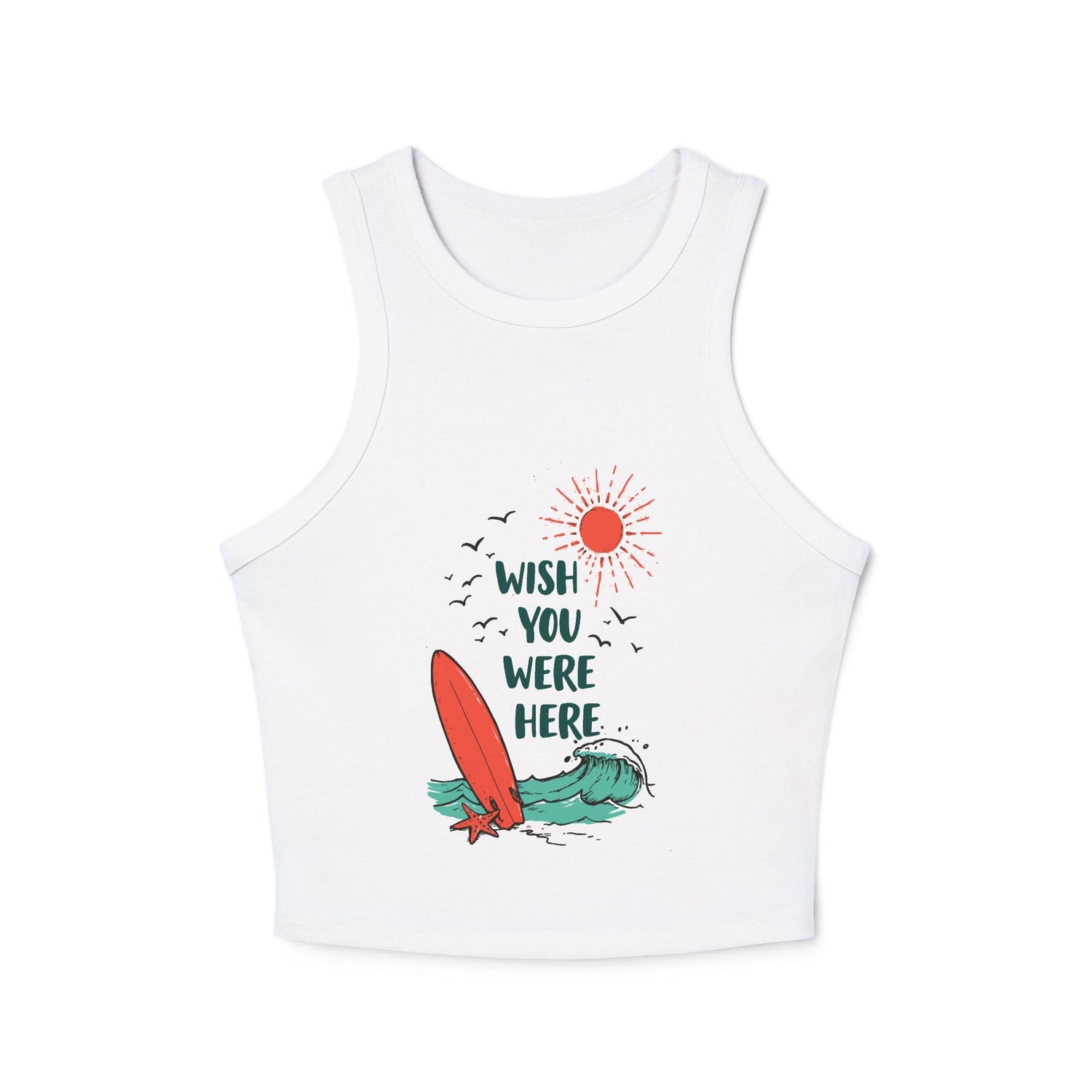 Women’s Summer Racerback Tank Top - "Wish You Were Here" Surf Design - Be Sunkissed